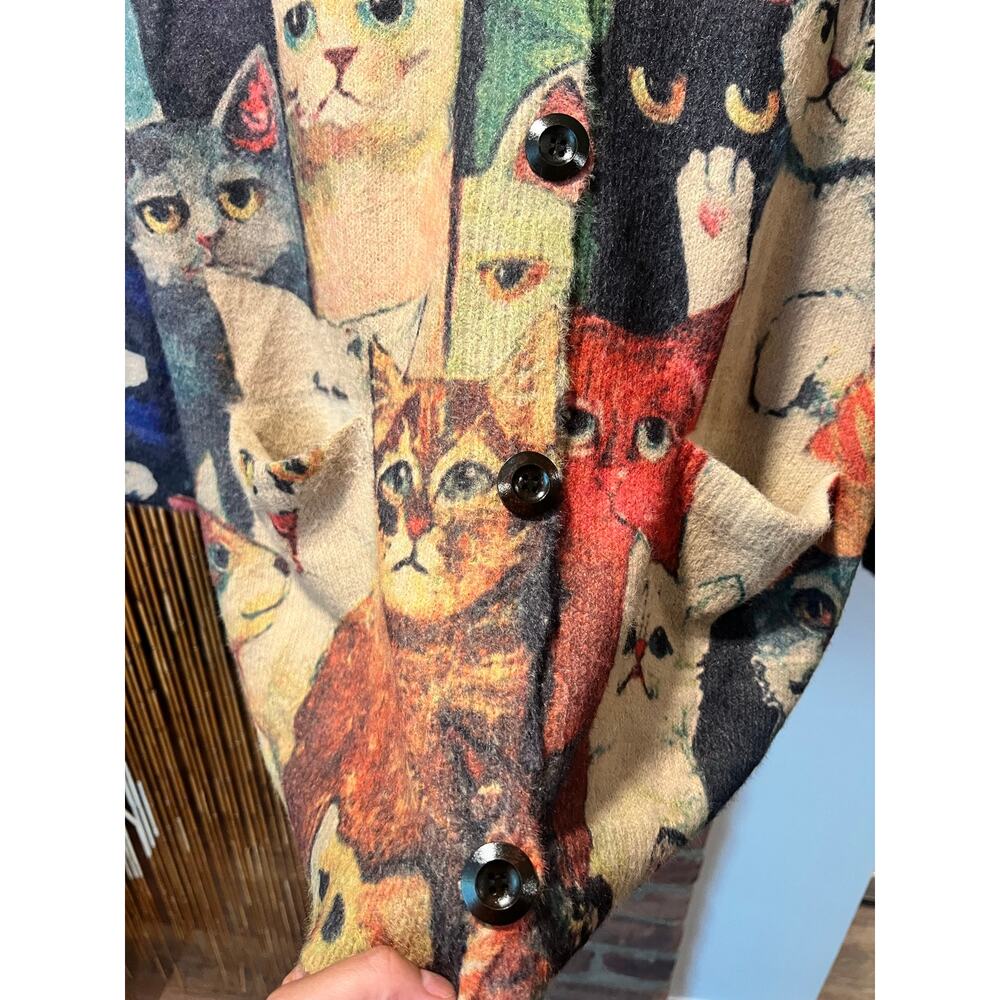 YESNO Whimsical Cat Collage Knit Cardigan Grandmacore Goblincore Quirky M - Picture 3 of 4